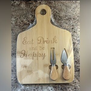 New Wood Cheese Board Serve Tray Stainless Steel Utensils Eat Drink Be Happy Set